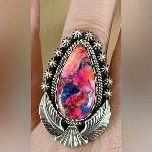 Pink Dahlia Turquoise 925 Sterling Silver Ring size 7